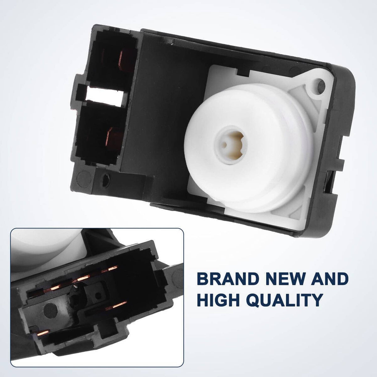 Ignition switch unit with white actuator and black bezel, top view with mounting tabs