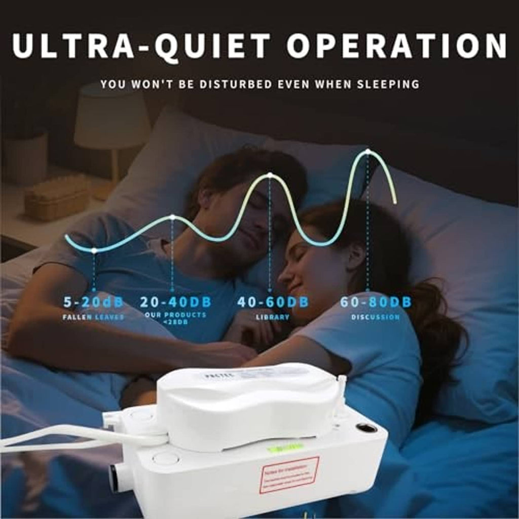White automatic condensate pump with tubing shown in the foreground, next to a sleeping area.