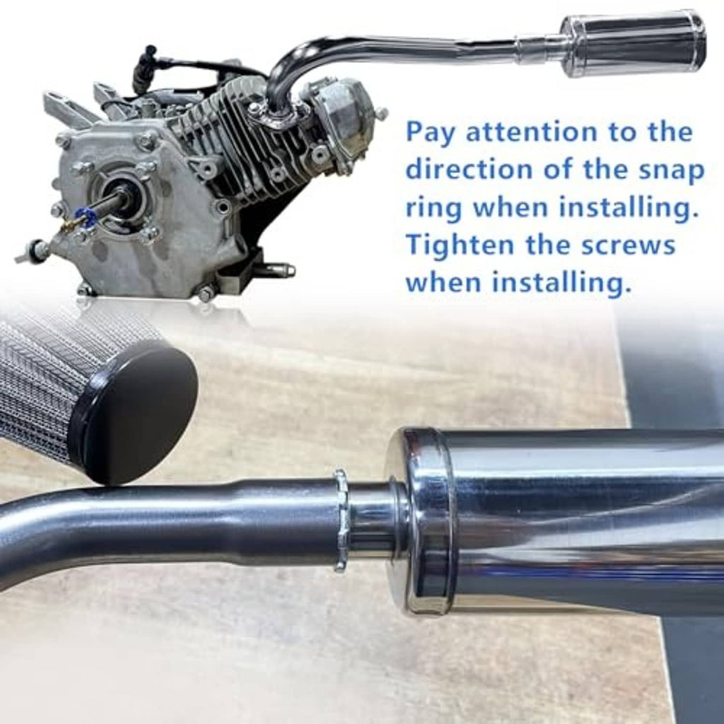 Stainless exhaust header pipe with muffler canister and clamp ring close-up
