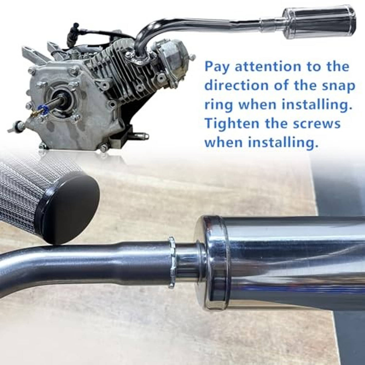 Stainless exhaust header pipe with muffler canister and clamp ring close-up