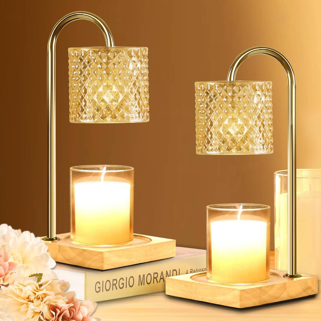 Candle warmer lamp set of 2 with gold stand, amber textured glass shade, wooden bases