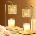 Candle warmer lamp set of 2 with gold stand, amber textured glass shade, wooden bases