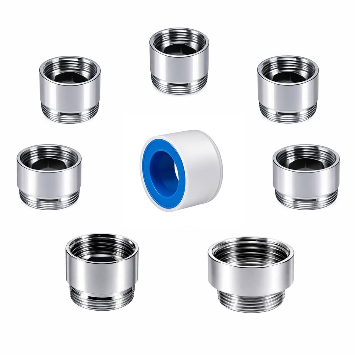 Silver faucet thread adapter kit with blue insert and threaded couplers