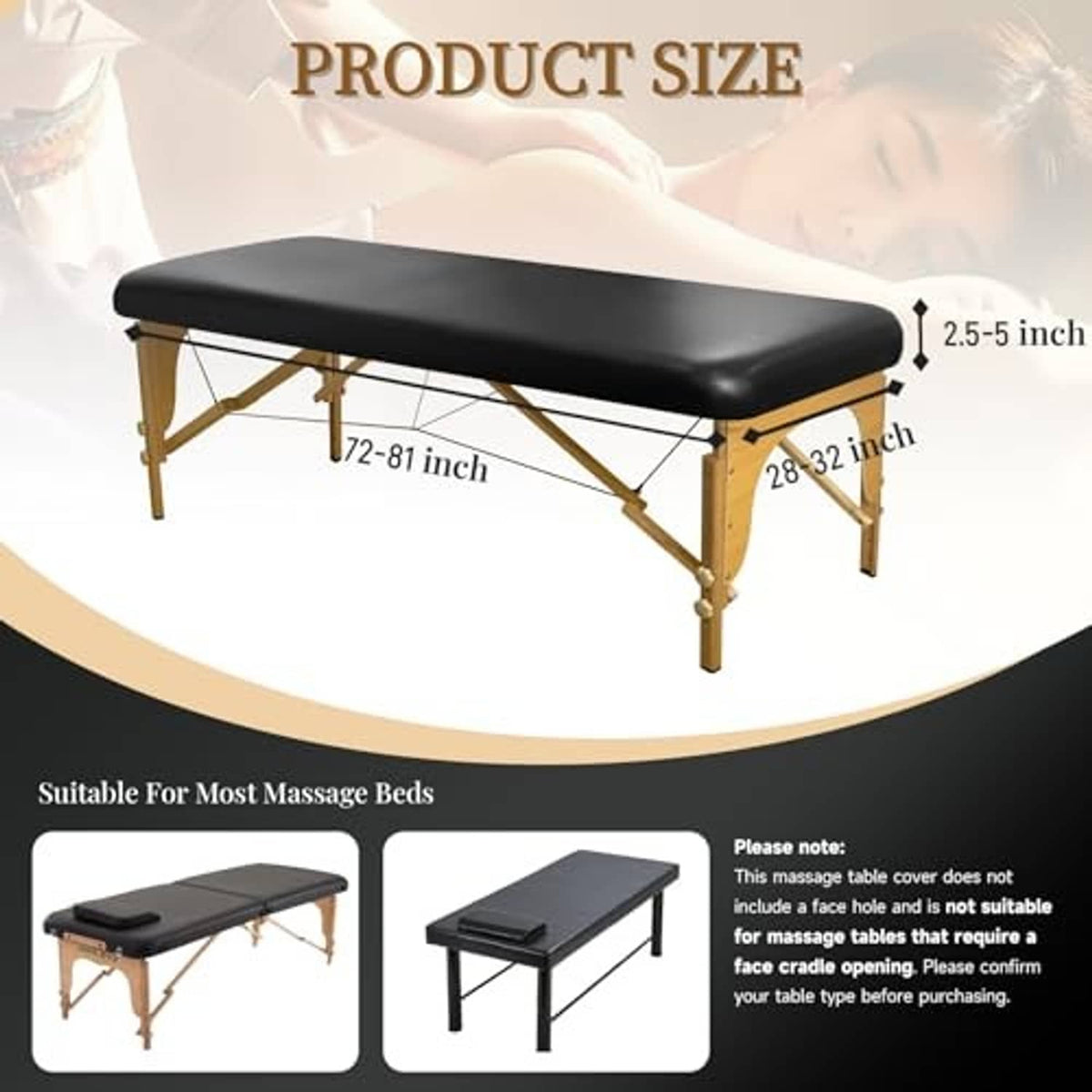 Black PU leather massage table cover with shown size proportions