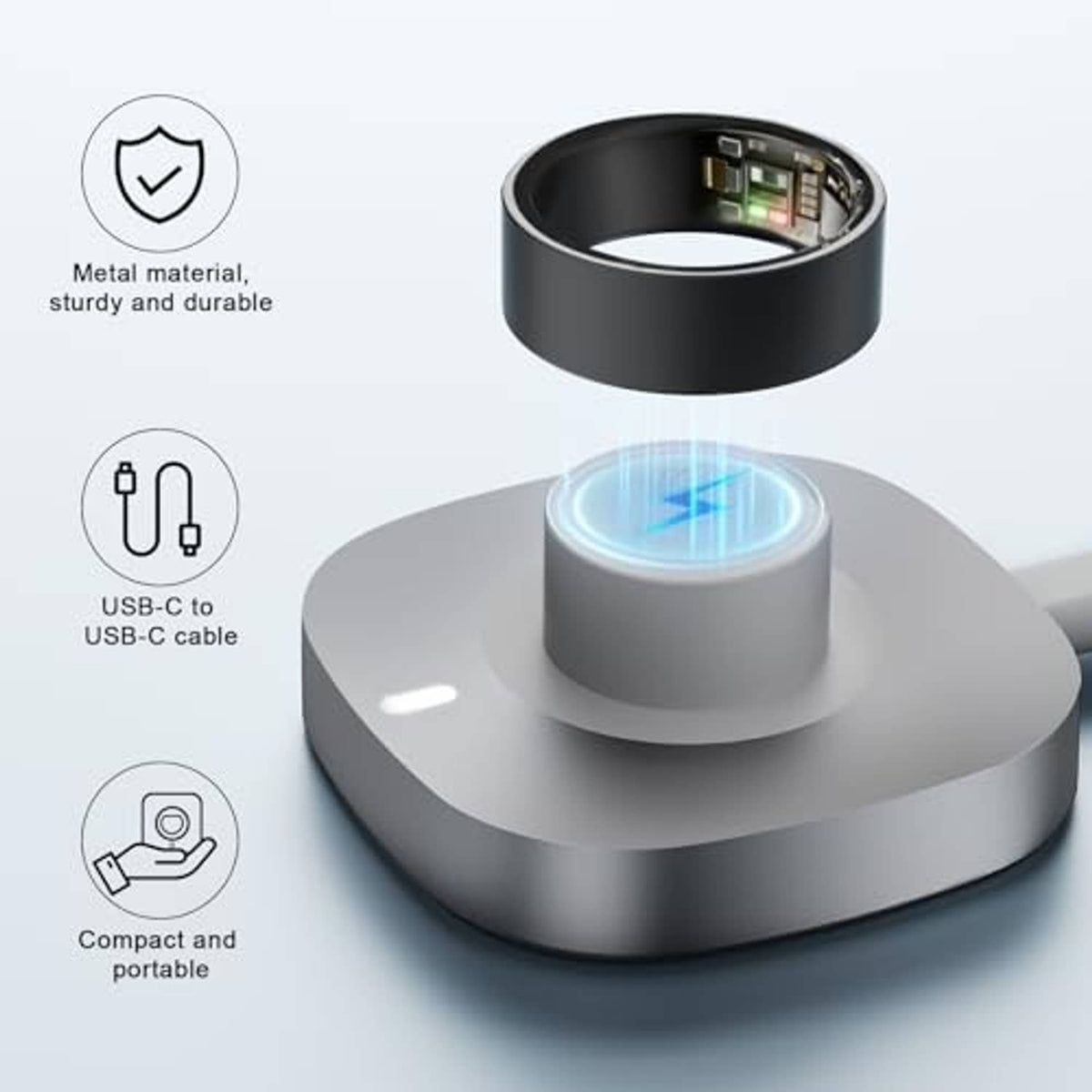 Gray charging dock with black cradle; USB-C cable and visible internal parts