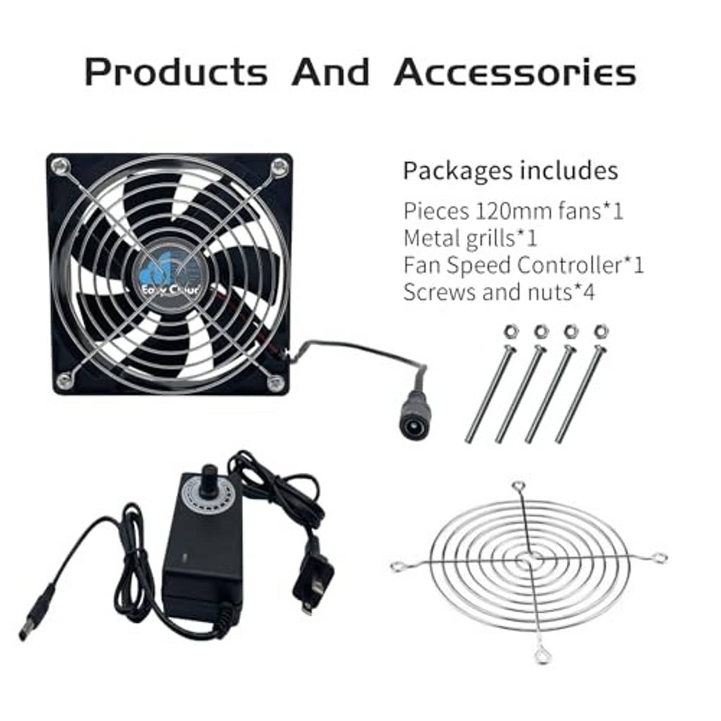 Computer fan kit with 120mm fan, fan grill, controller, screws, and power cables