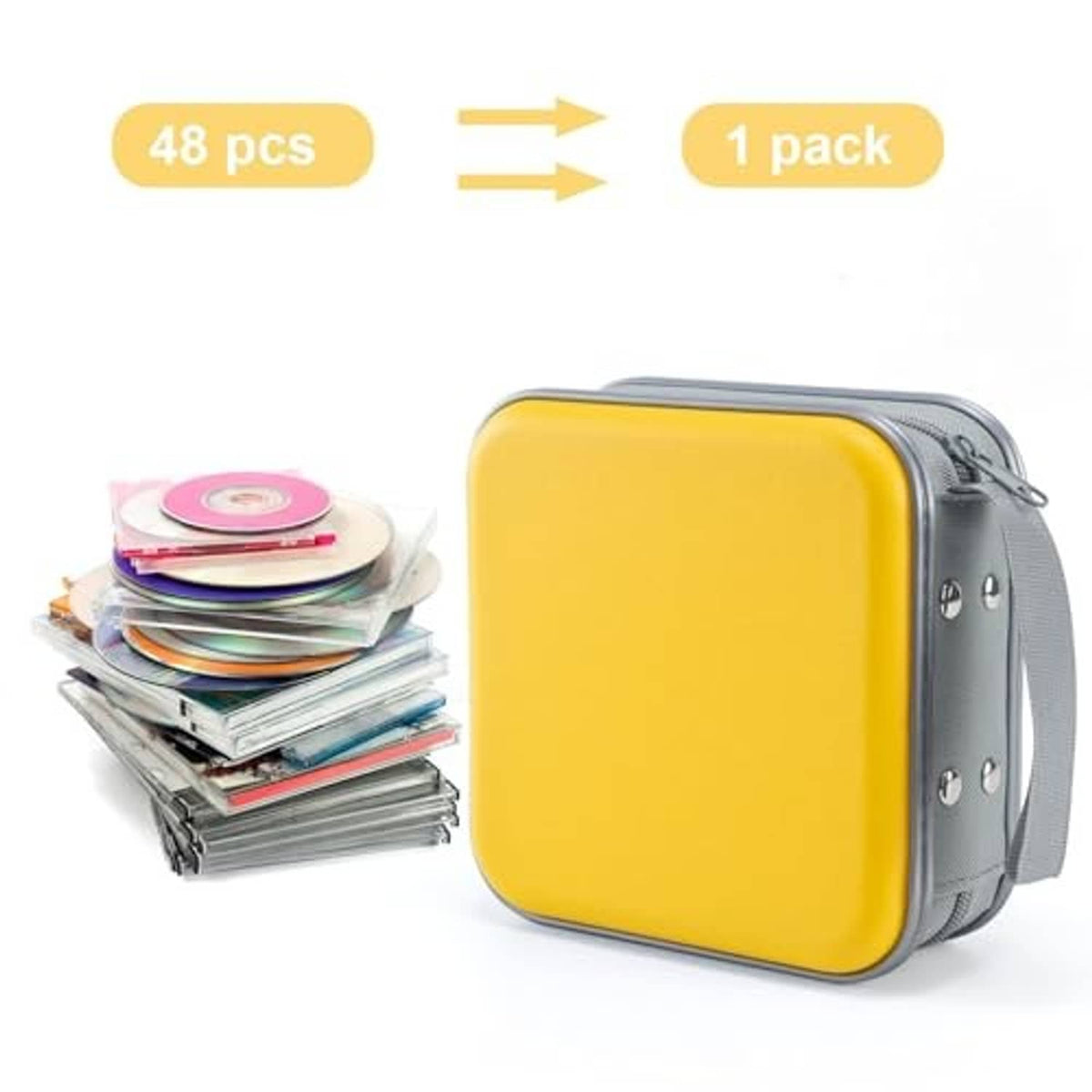 Yellow DVD/CD case with gray strap; holds multiple discs in a compact stack.