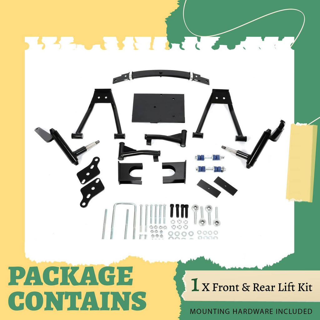 Lift kit package contents with black brackets, lift arms, and mounting hardware