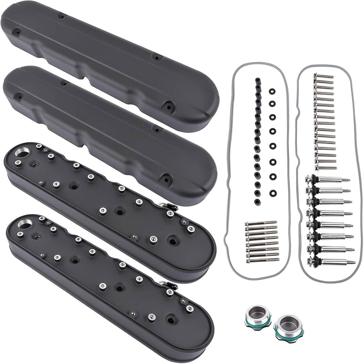 Two black coil-mount valve covers with mounting holes and included fasteners