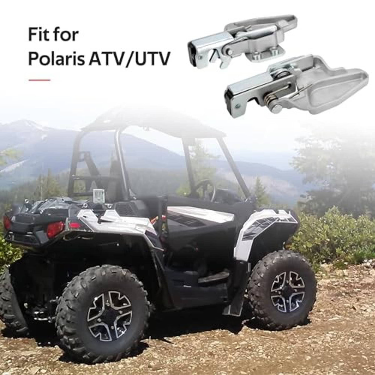 Polaris ATV/UTV with installed door latch lock set, showing front-mounted hardware