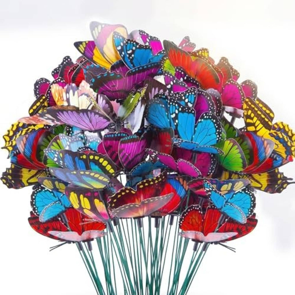 Multicolor plastic butterfly garden stakes with assorted wing colors on green stems