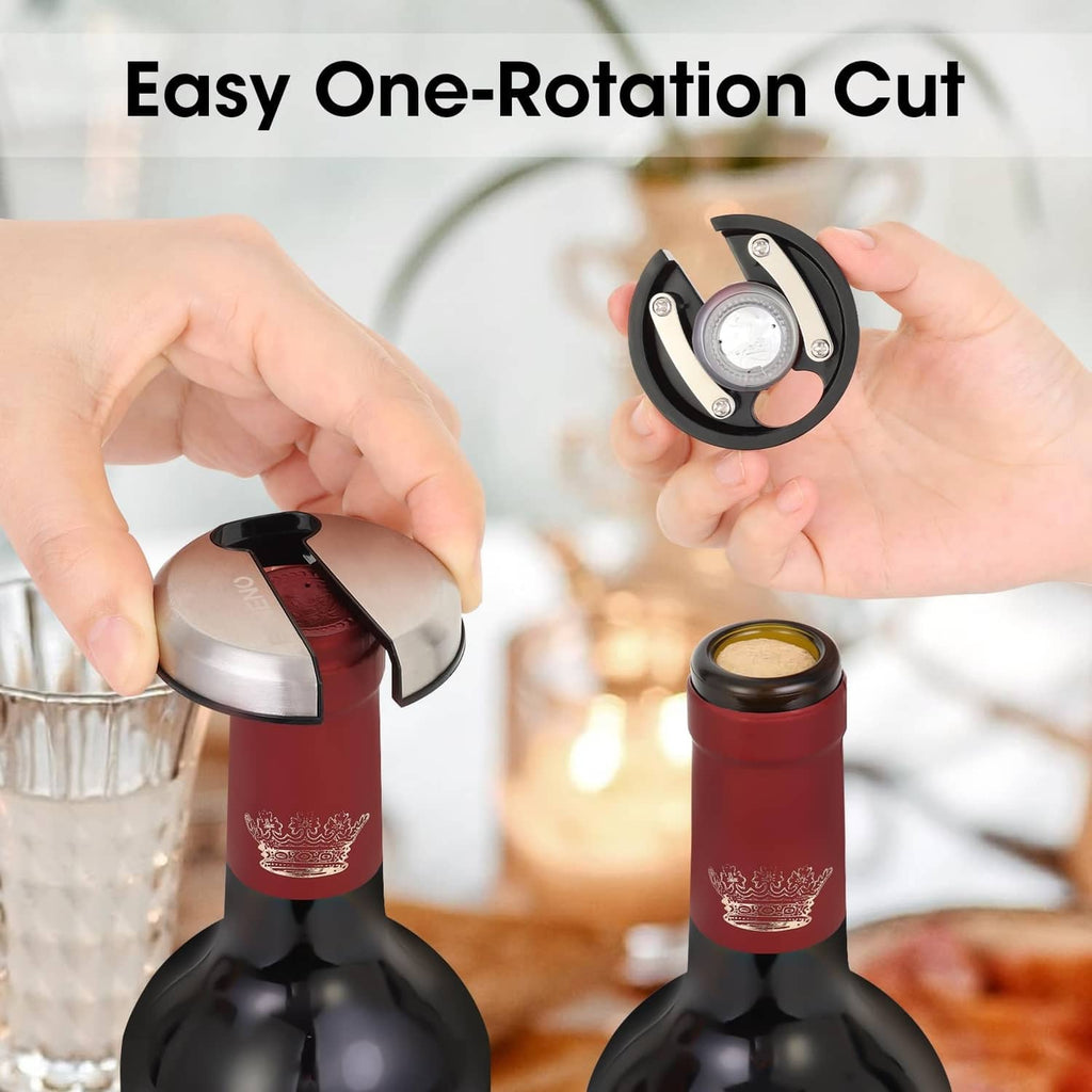 Black one-rotation wine foil cutter with circular blade being pressed onto a bottle