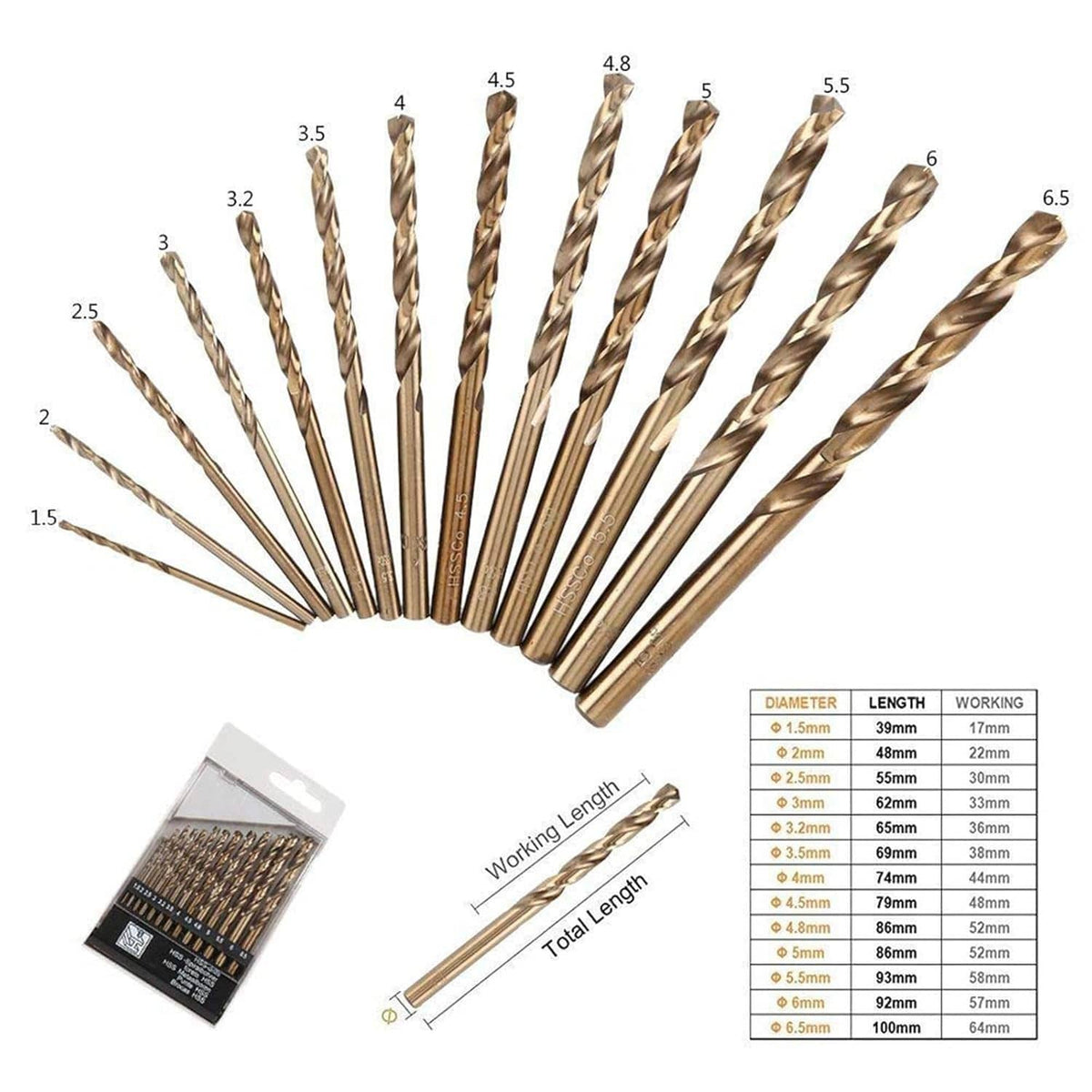 Gold spiral drill bits arranged by metric sizes, showing flutes and pointed tips