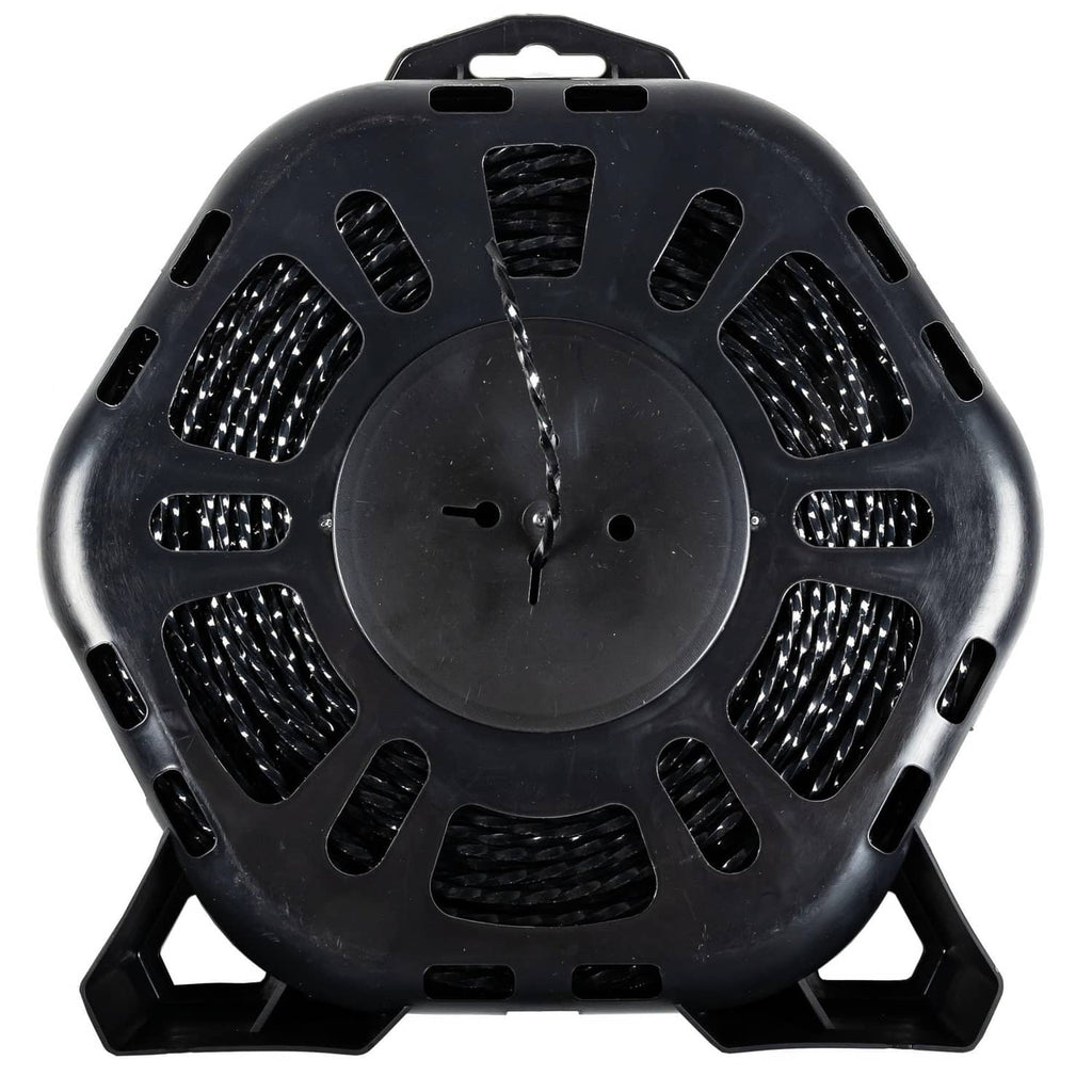 Black plastic trimmer line spool with vented guard and central mounting holes