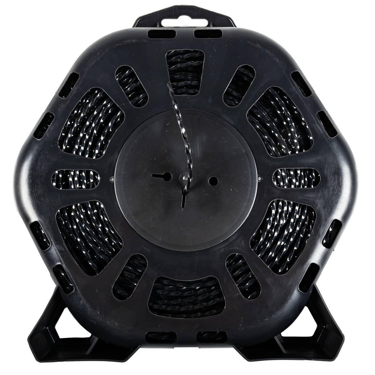 Black plastic trimmer line spool with vented guard and central mounting holes