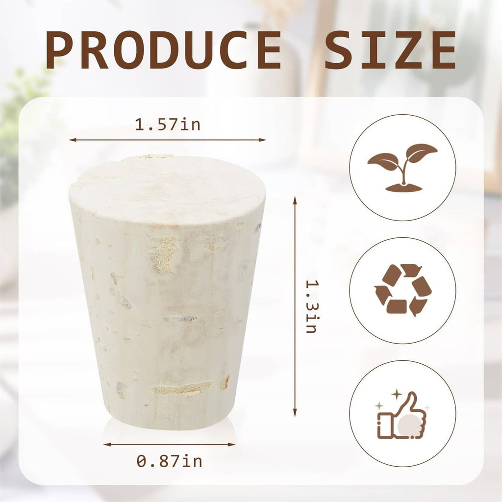 Light brown natural cork carboy stopper with round top, shown with size diagram