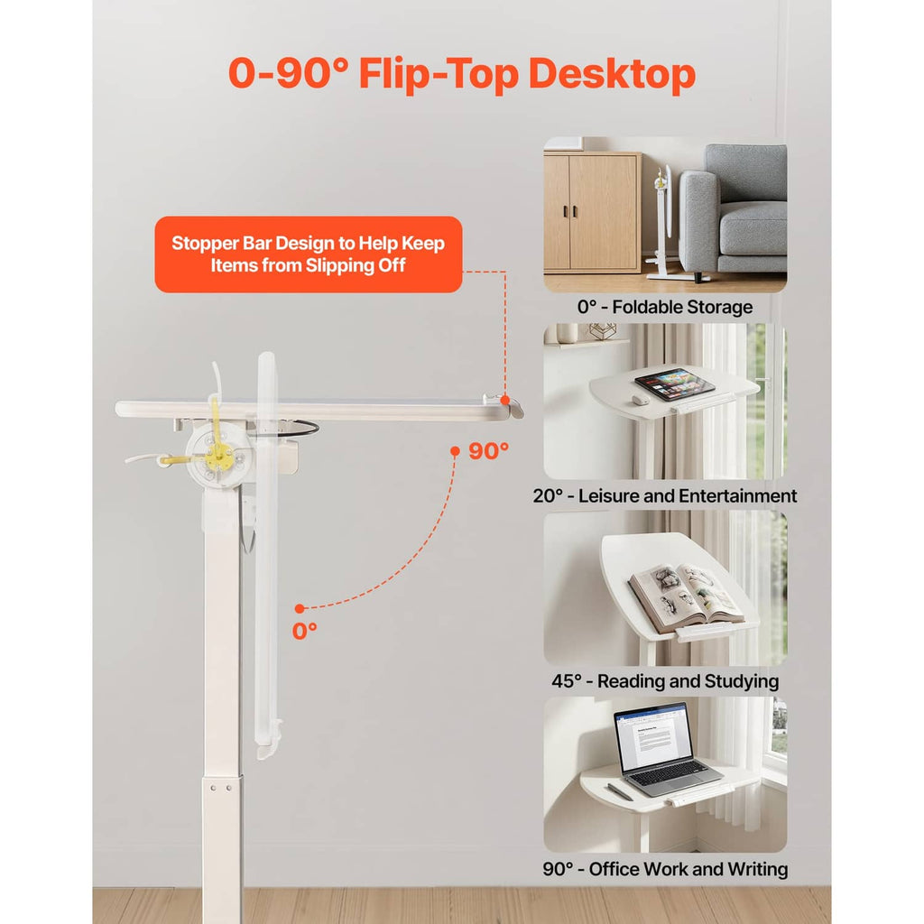Adjustable standing desk with 0–90° flip-top desktop and white stop bar mechanism
