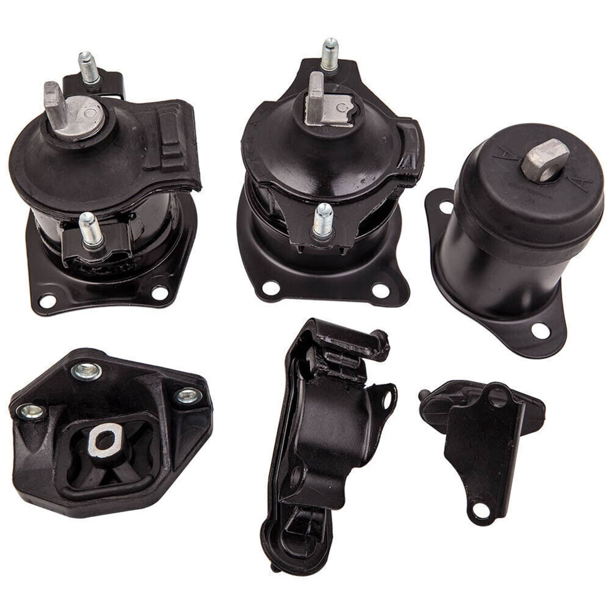 Assorted black mounts with rubber isolators, metal studs, and mounting brackets