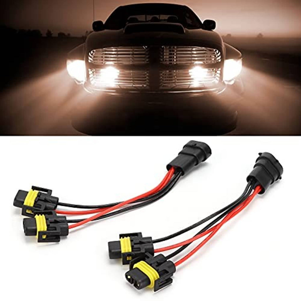 2-way H11/H8 fog light wiring splitter with black plugs and red/black wires, two output ends