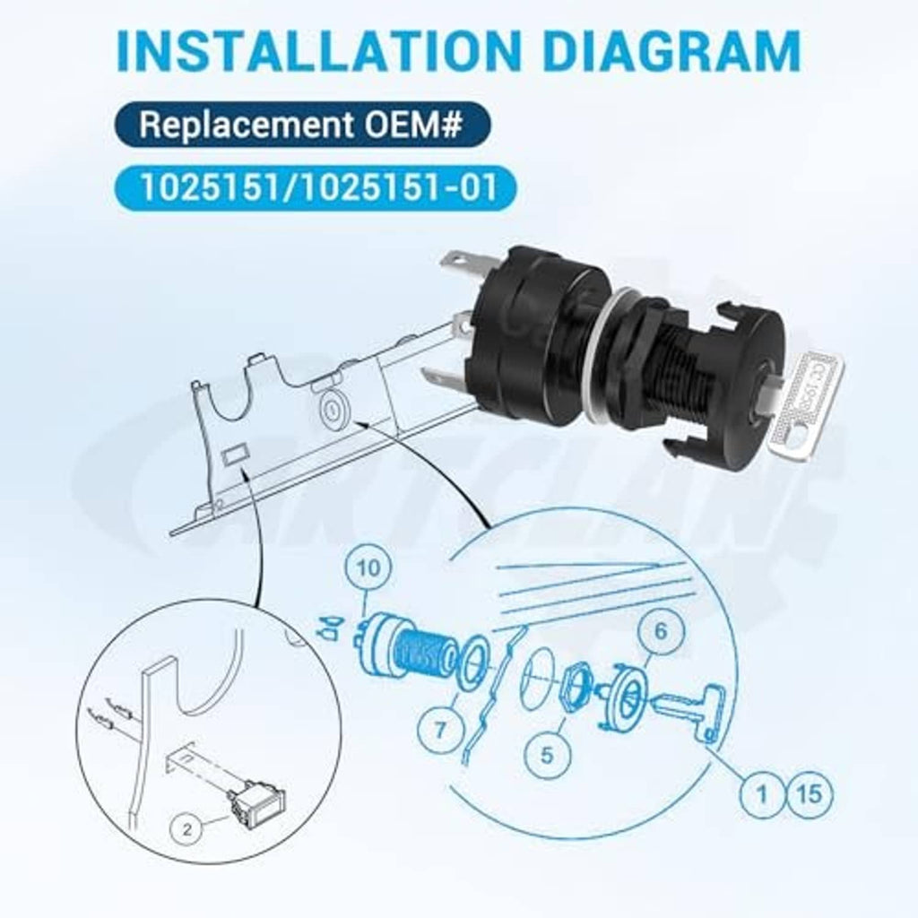 Installation diagram of a black ignition key switch with two keys and connector pins
