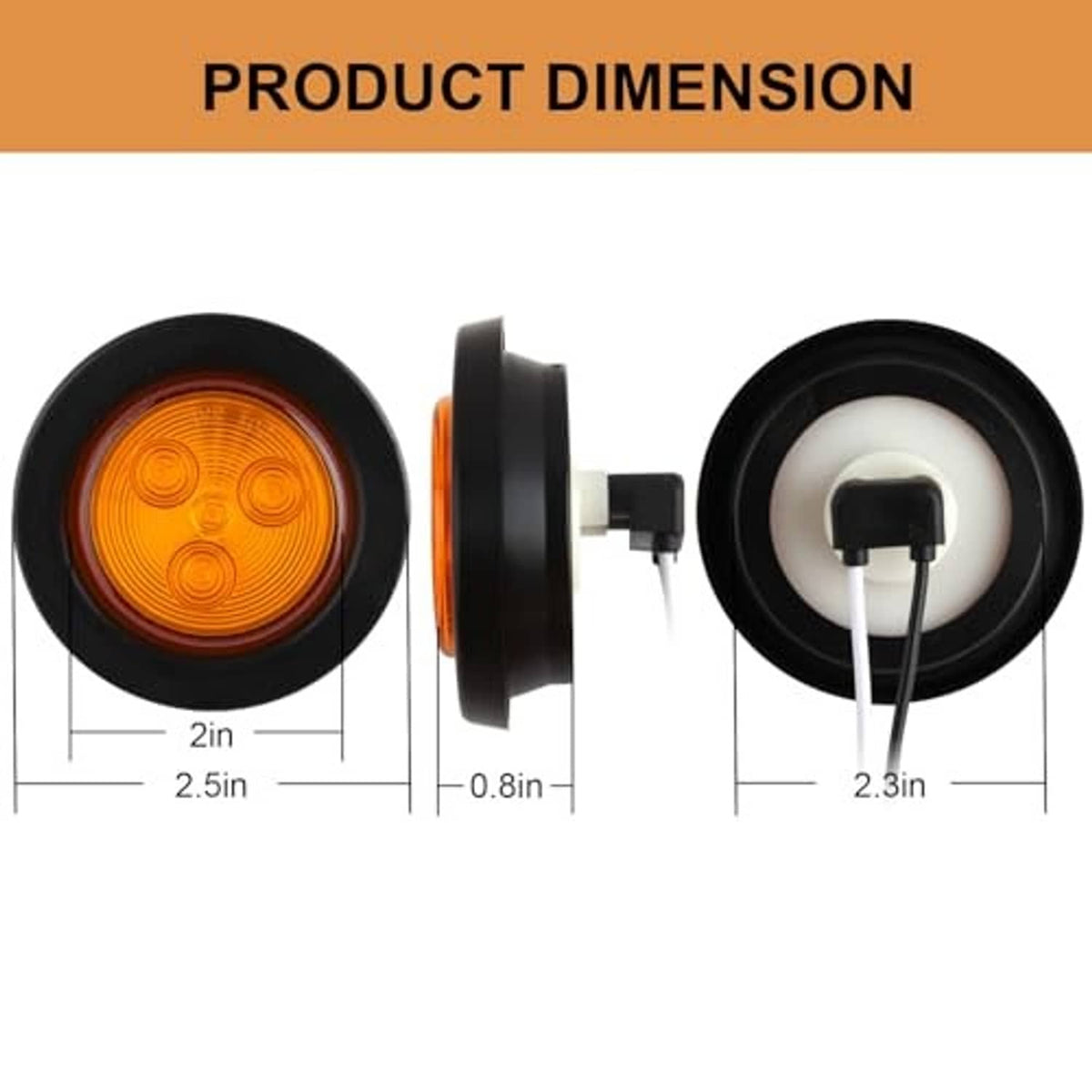 2-inch amber round LED marker light front and back view with mounting wires