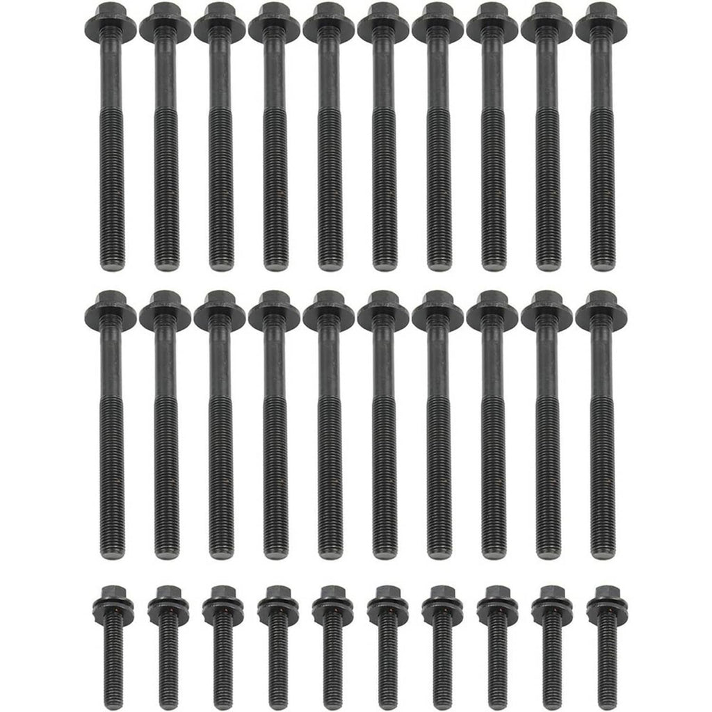 Timing kit hardware set with multiple long threaded bolts with hex caps