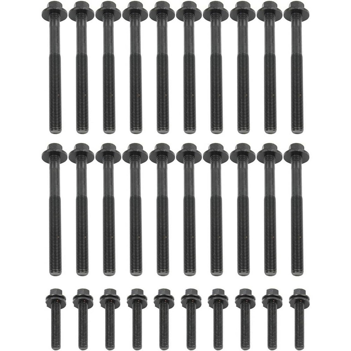 Timing kit hardware set with multiple long threaded bolts with hex caps