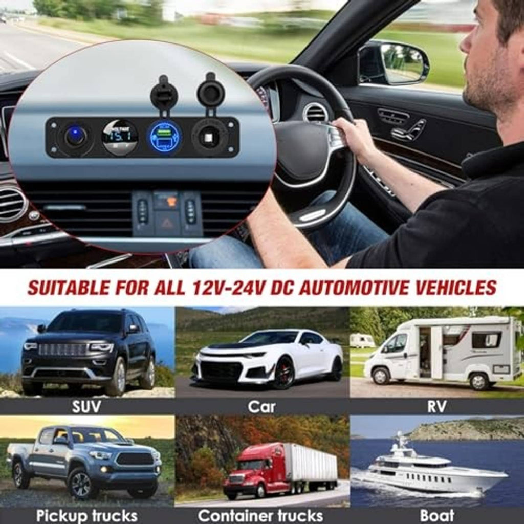 Car dashboard-mounted 4-in-1 charger panel with USB ports and blue QC display
