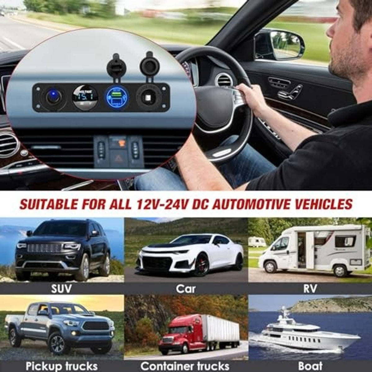 Car dashboard-mounted 4-in-1 charger panel with USB ports and blue QC display