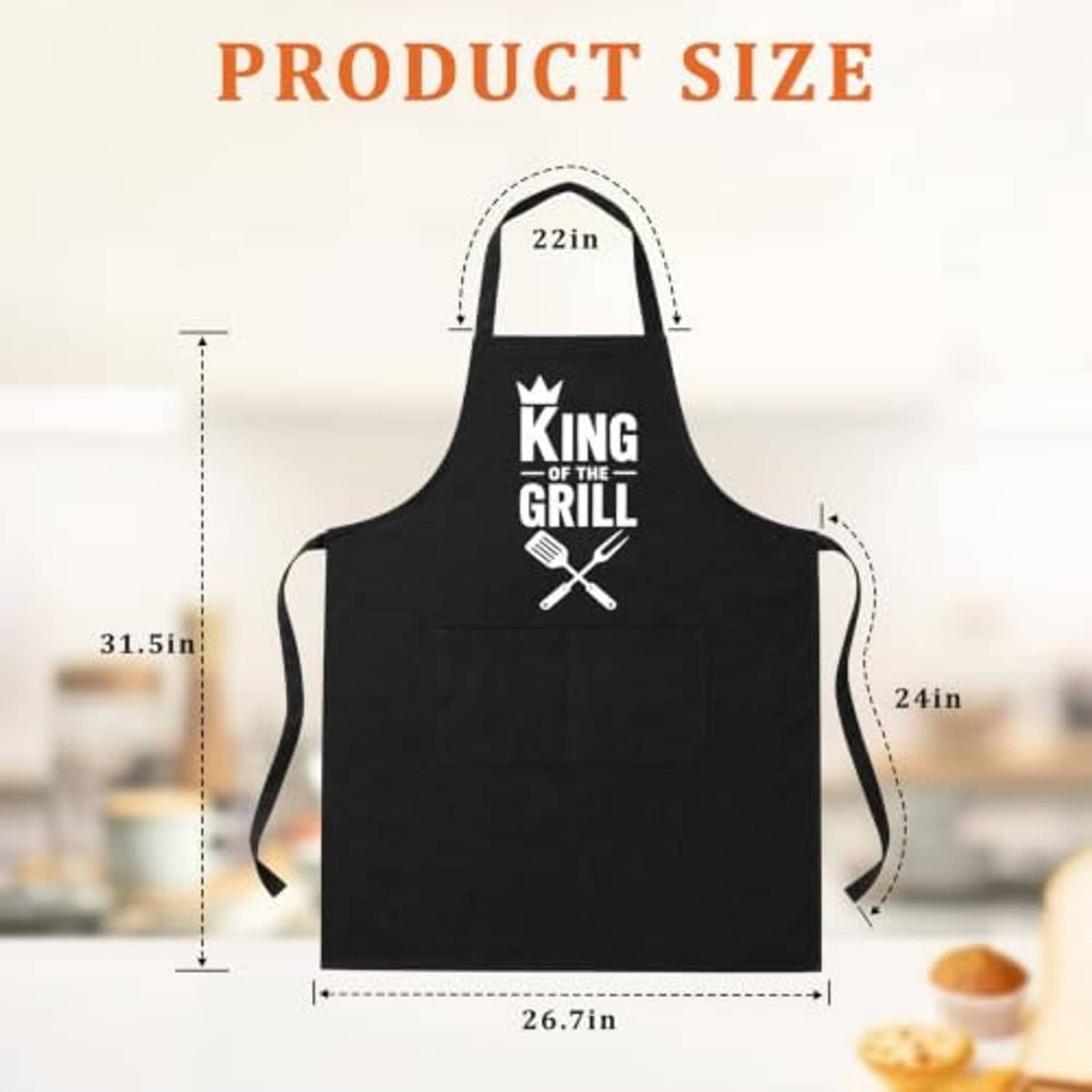 Black BBQ apron with 'King of the Grill' front graphic and size guide overlay