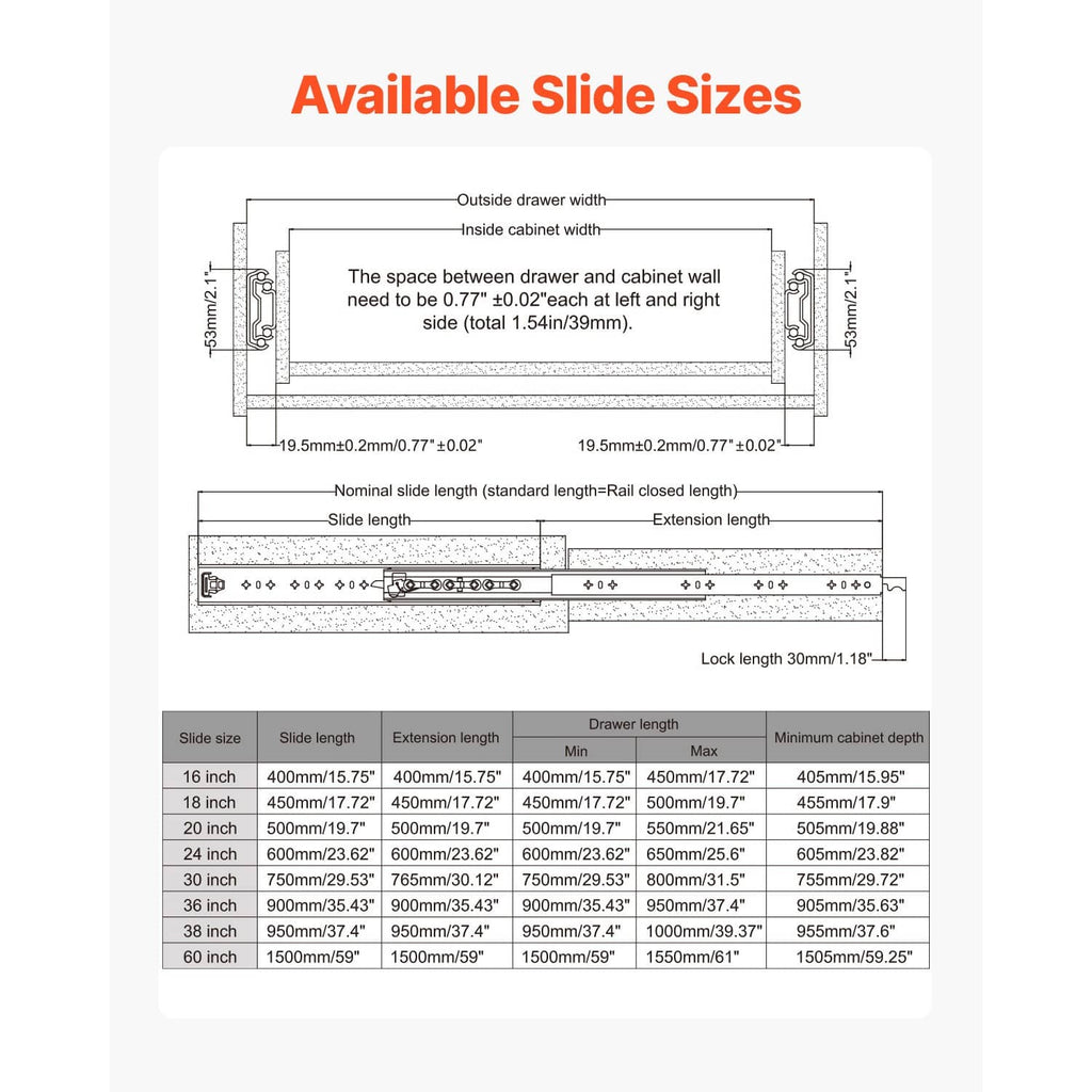 Drawer slide size guide showing extension lengths, for choosing compatible slide sizes