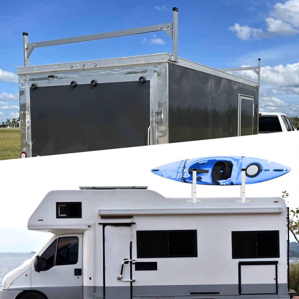 Ladder rack roof mount bracket on enclosed cargo trailer, white posts with black caps