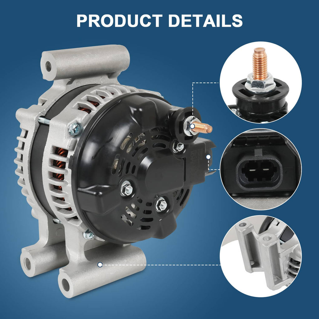 Automotive alternator with black rear cover and terminals, side view with connector detail