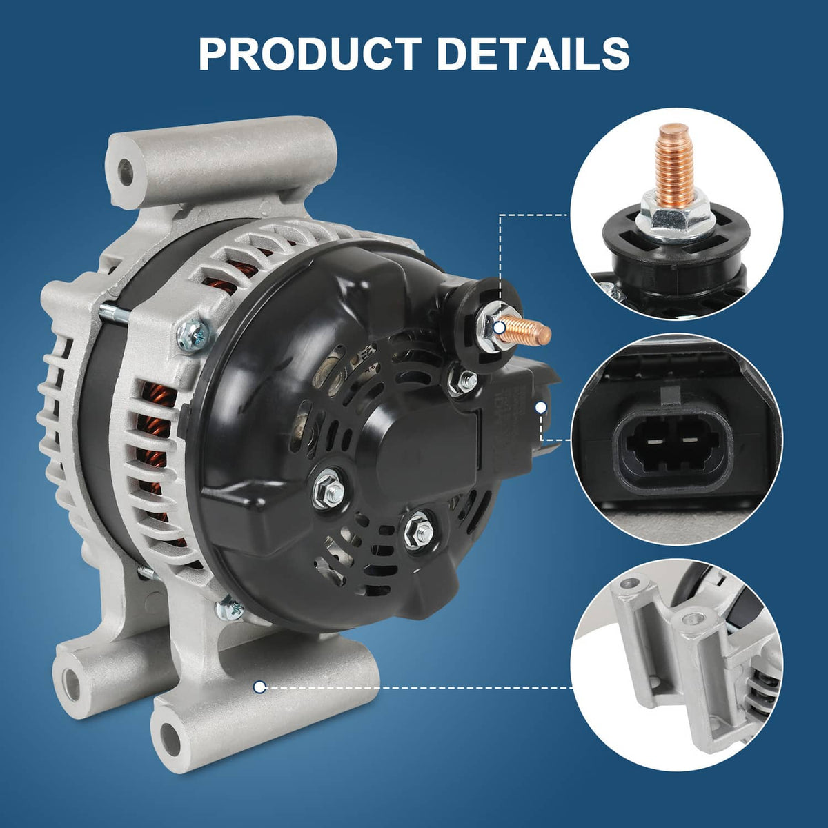 Automotive alternator with black rear cover and terminals, side view with connector detail