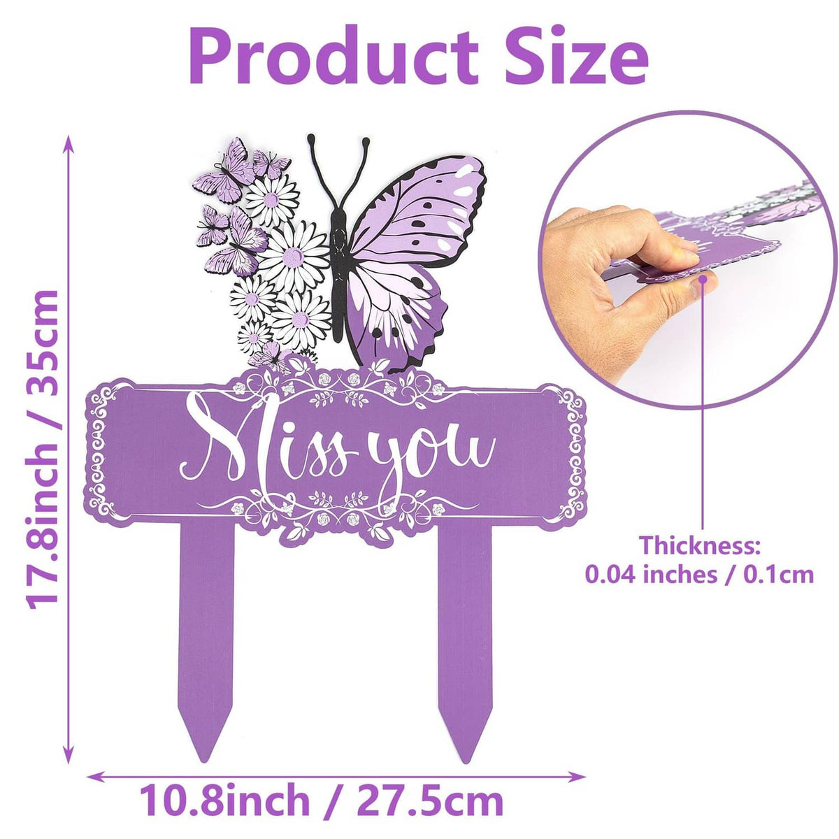 Purple memorial stake size diagram: 10.8 in wide, 17.8 in high, 0.04 in thick