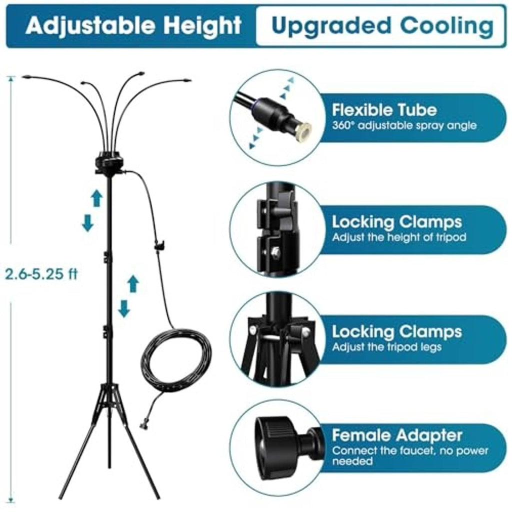 Adjustable-height outdoor misting tripod with locking clamps and flexible spray hose