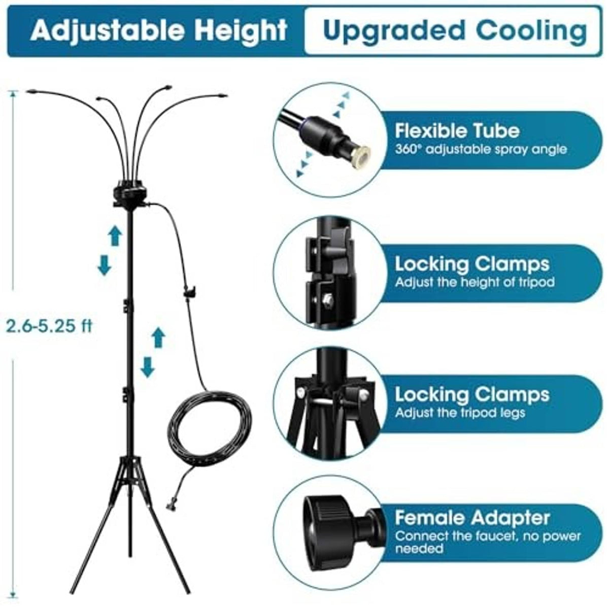 Adjustable-height outdoor misting tripod with locking clamps and flexible spray hose
