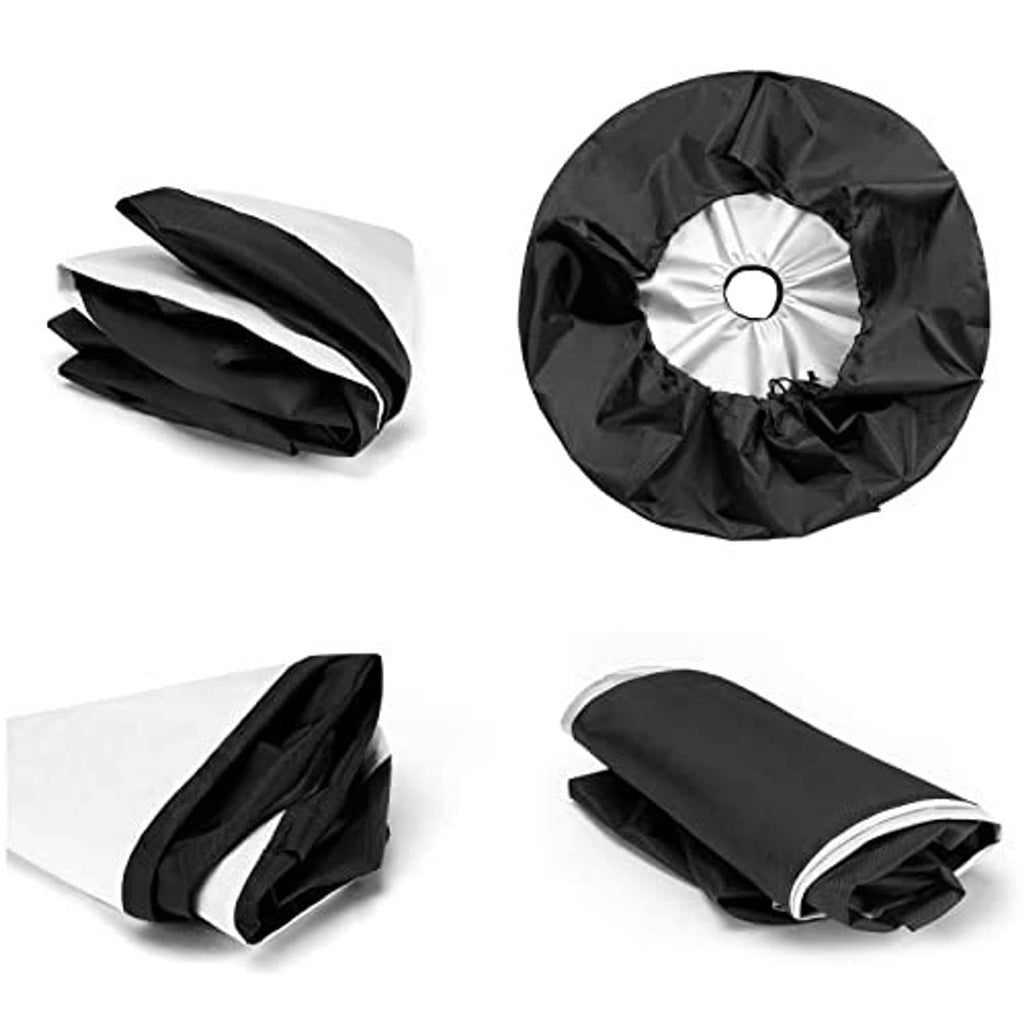 Spare tire cover shown folded; black cover with open center camera-hole area