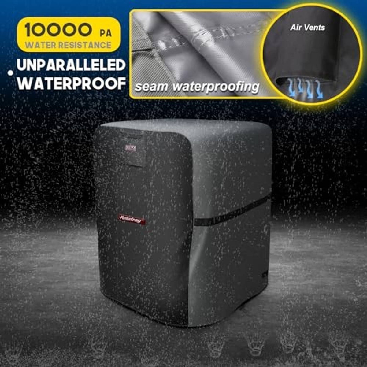 Waterproof gray-and-black air conditioner cover with raindrops across the cover