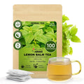 Lemon balm herbal tea pouch with 100 tea bags and a cup of golden tea