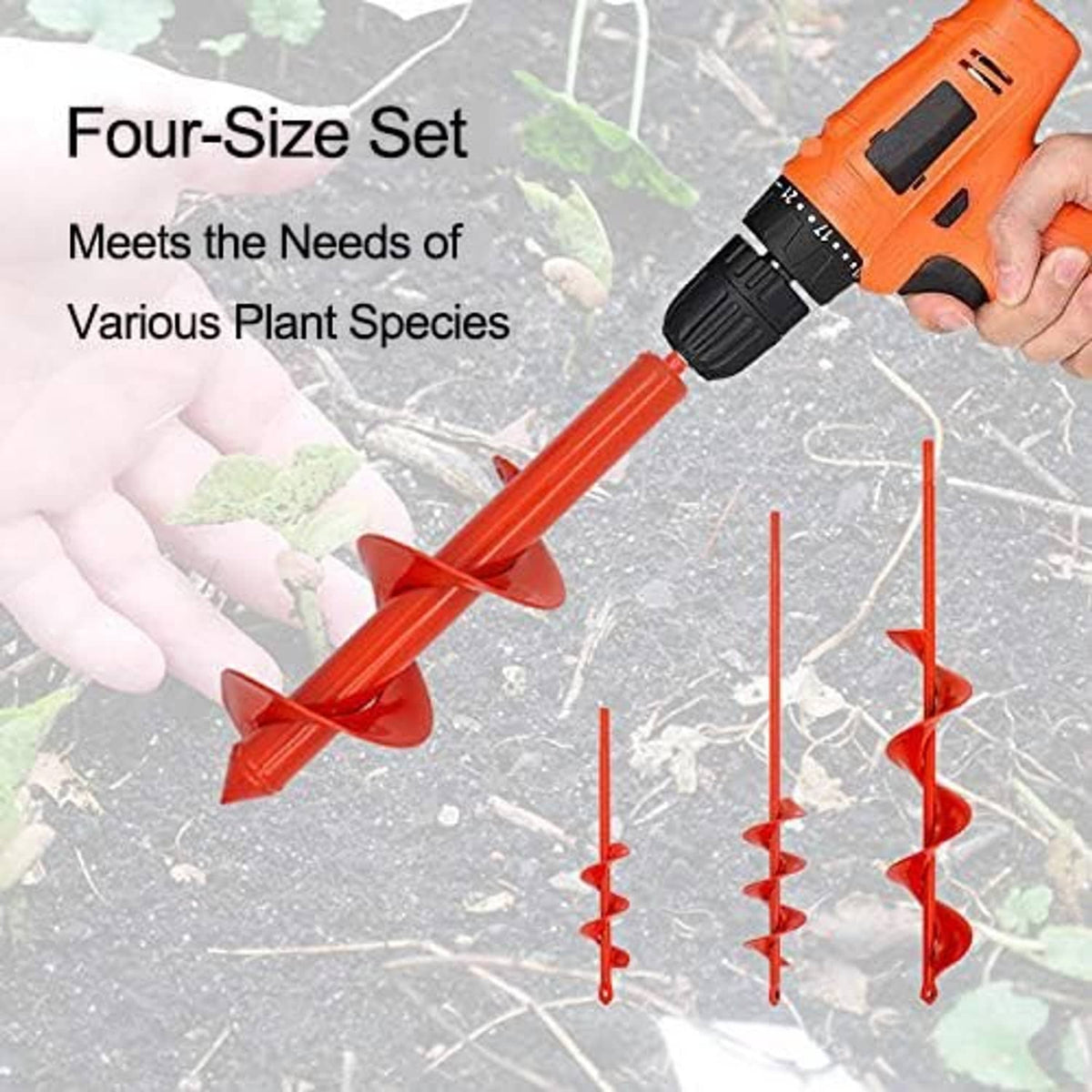Handheld drill with orange soil auger bit and three red spiral planting drill bits