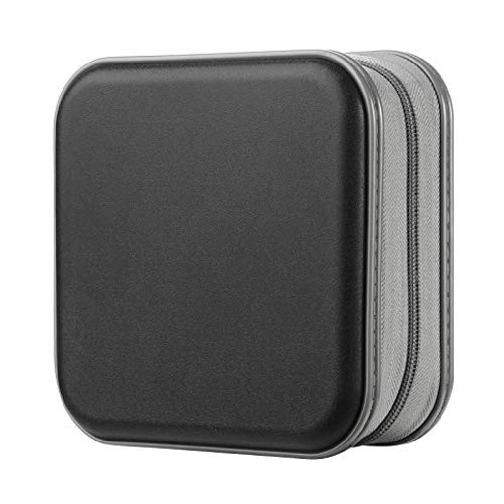 Black hard-shell zipper disc wallet shown from side with stacked front layer