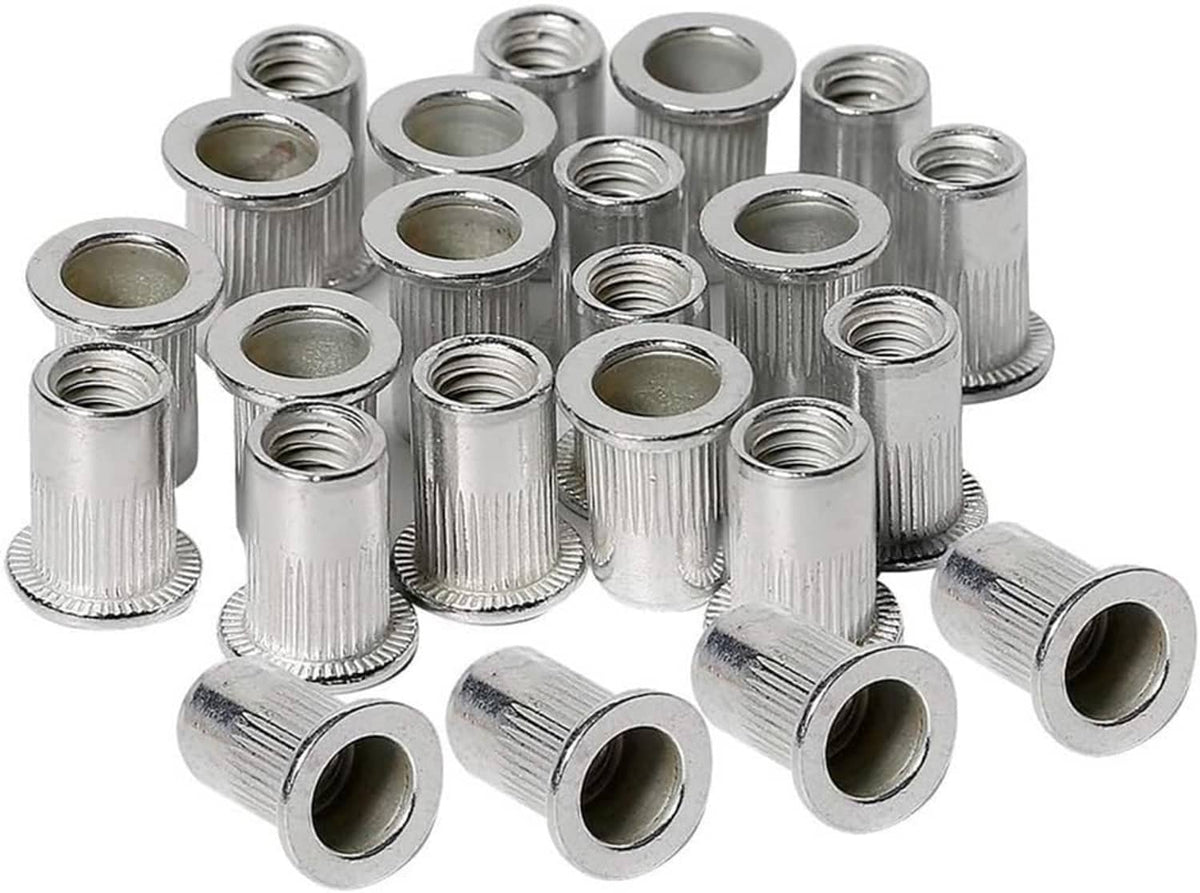 Silver aluminum threaded rivet nuts, cylindrical flanged inserts with internal threads