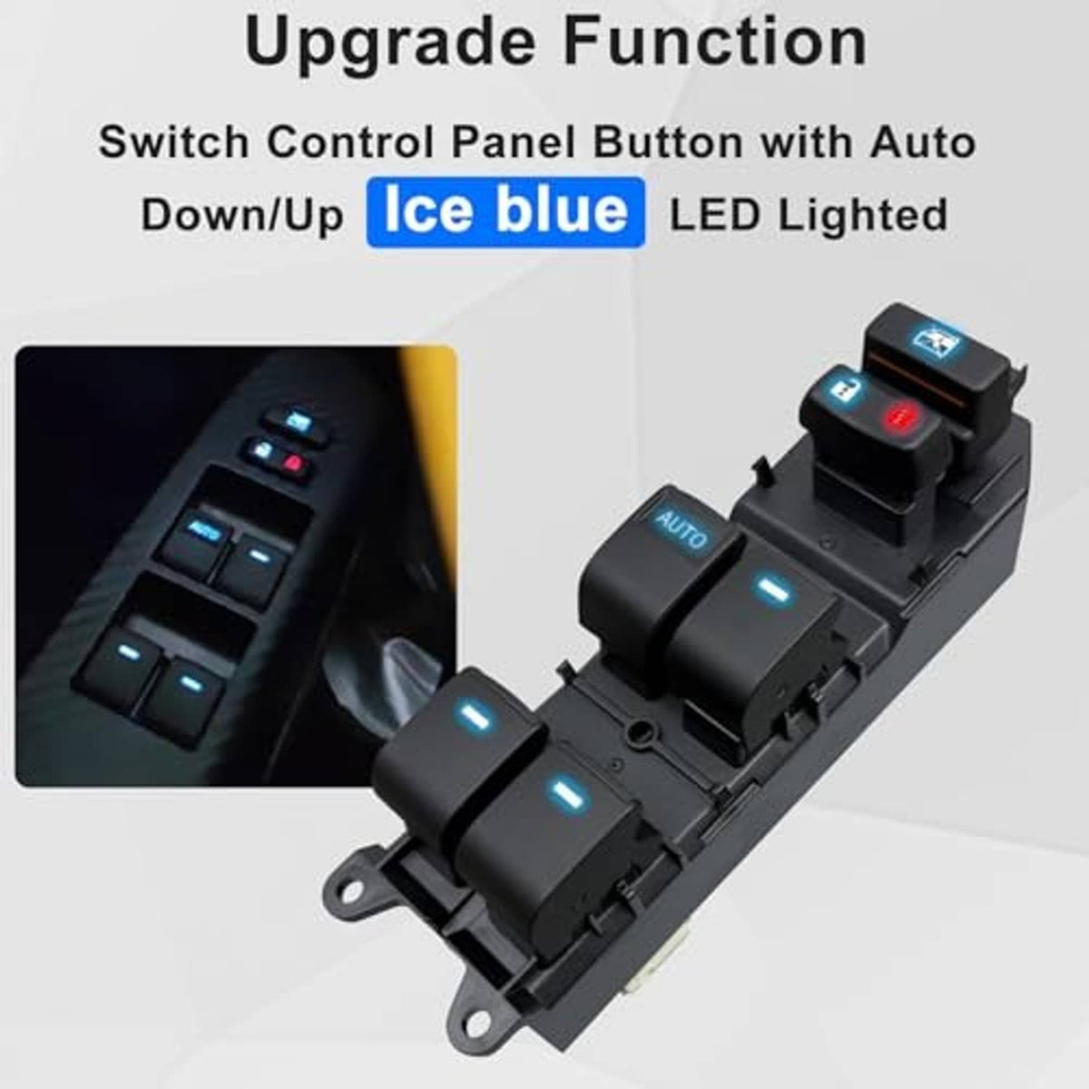Black window switch control panel with ice-blue LED lit buttons and auto down/up rocker