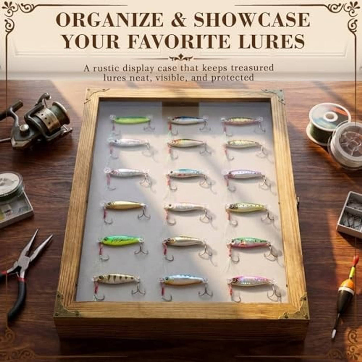 Tabletop fishing lure organizer with rustic wooden frame and clear front showing colorful lures