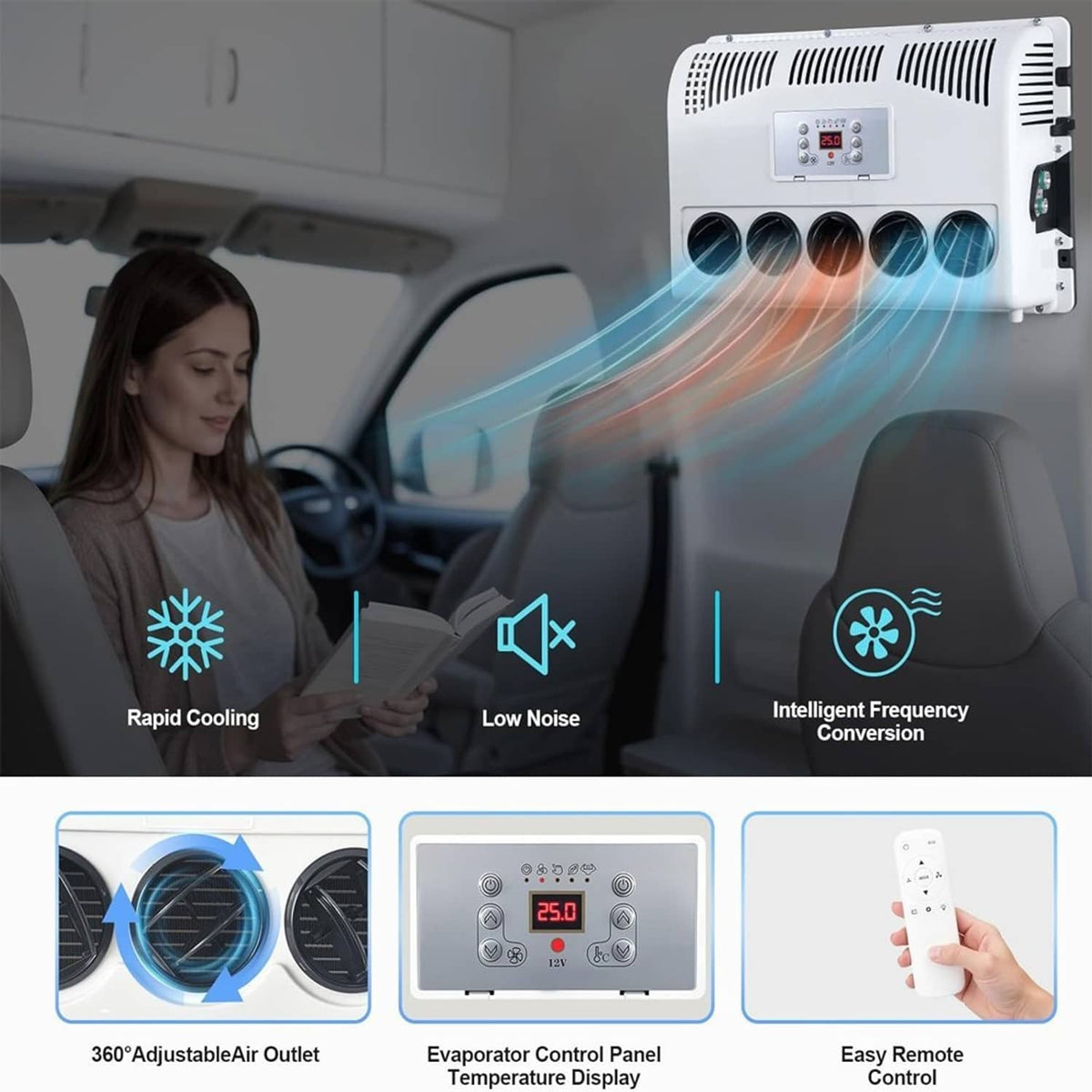 12V truck split AC mounted on ceiling, white evaporator with vents and display panel