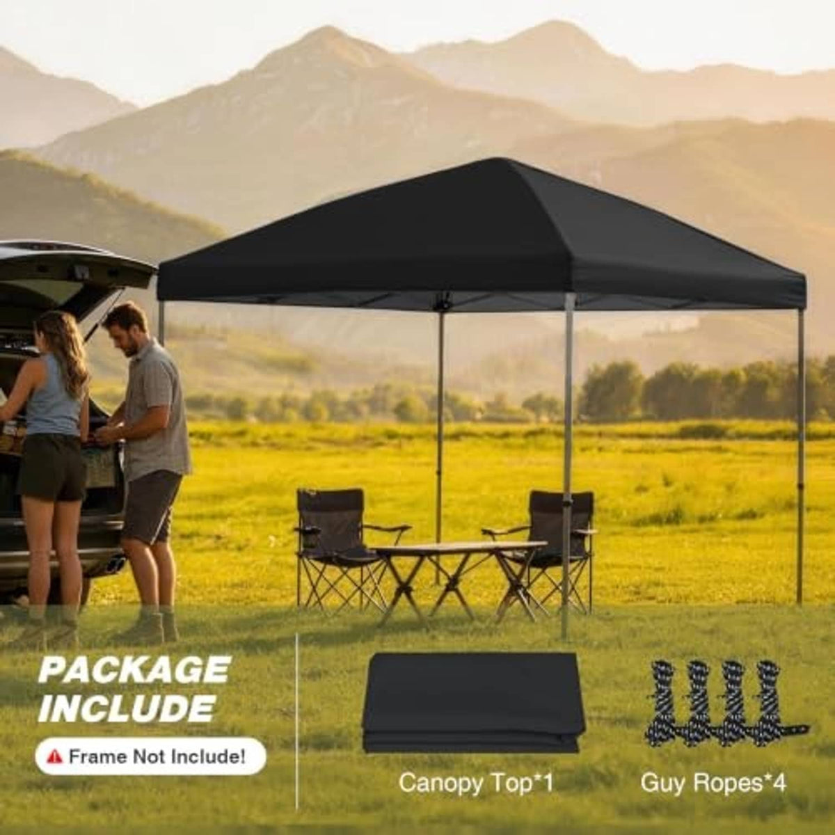 Black 10x10 canopy top with peaked roof, package includes guy ropes and top cover