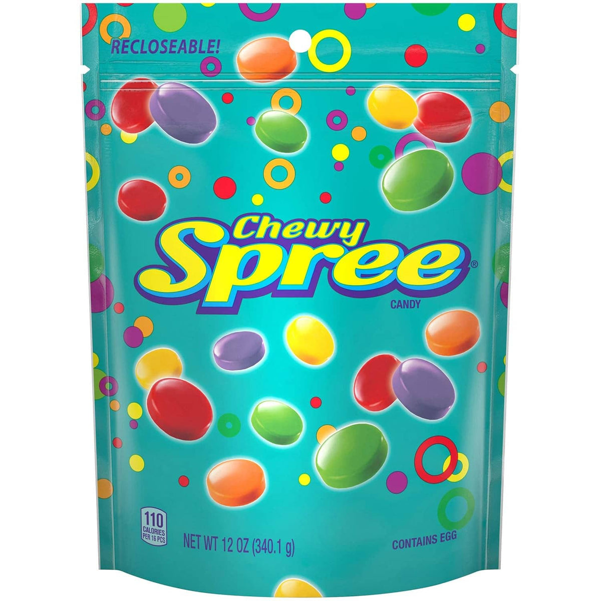 Chewy Spree resealable candy bag, front view with mixed candy illustrations