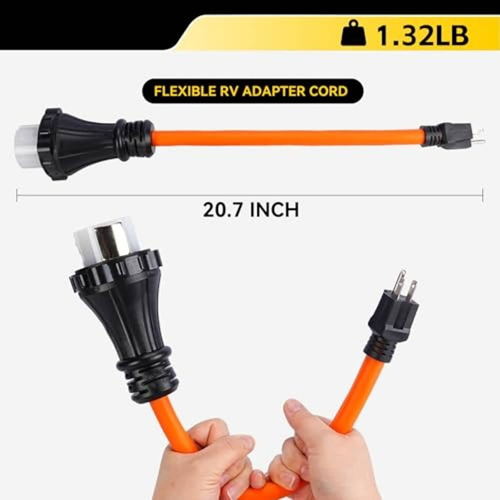 Orange flexible RV adapter cord with twist-lock end and 3-prong plug