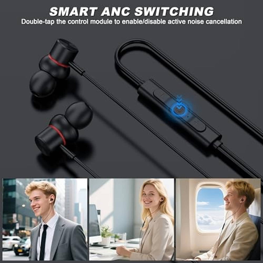 Black in-ear earbuds with red accents and USB-C inline control for active noise cancellation